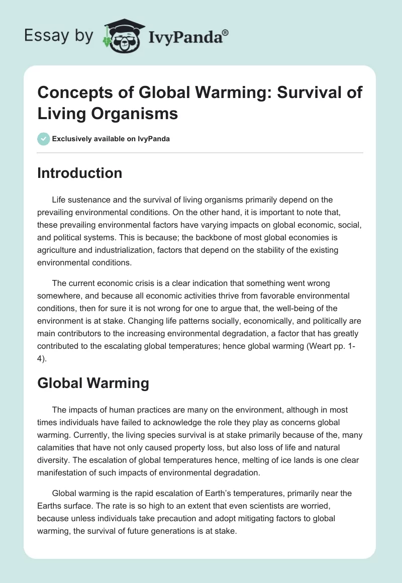 Concepts of Global Warming: Survival of Living Organisms. Page 1