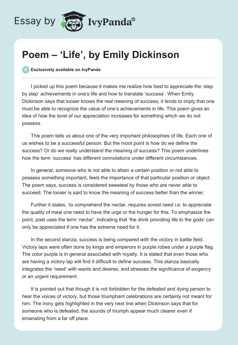 Poem – ‘Life’, by Emily Dickinson. Page 1