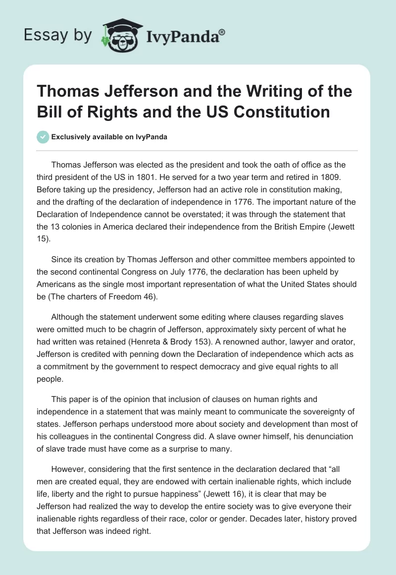Thomas Jefferson and the Writing of the Bill of Rights and the US Constitution. Page 1