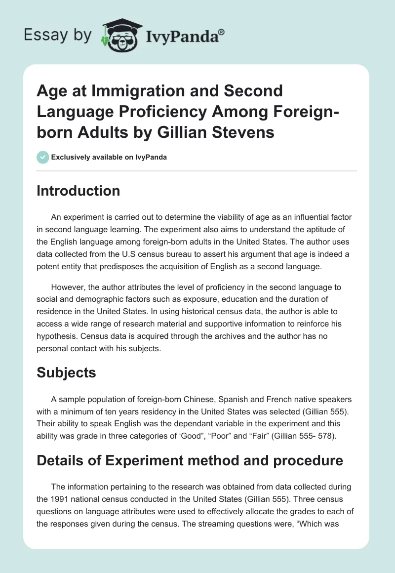 Age at Immigration and Second Language Proficiency Among Foreign-born Adults by Gillian Stevens. Page 1