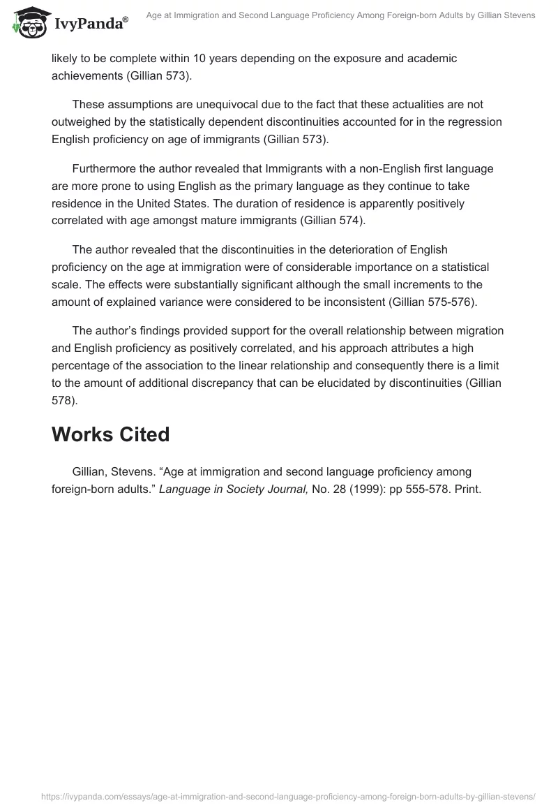 Age at Immigration and Second Language Proficiency Among Foreign-born Adults by Gillian Stevens. Page 3