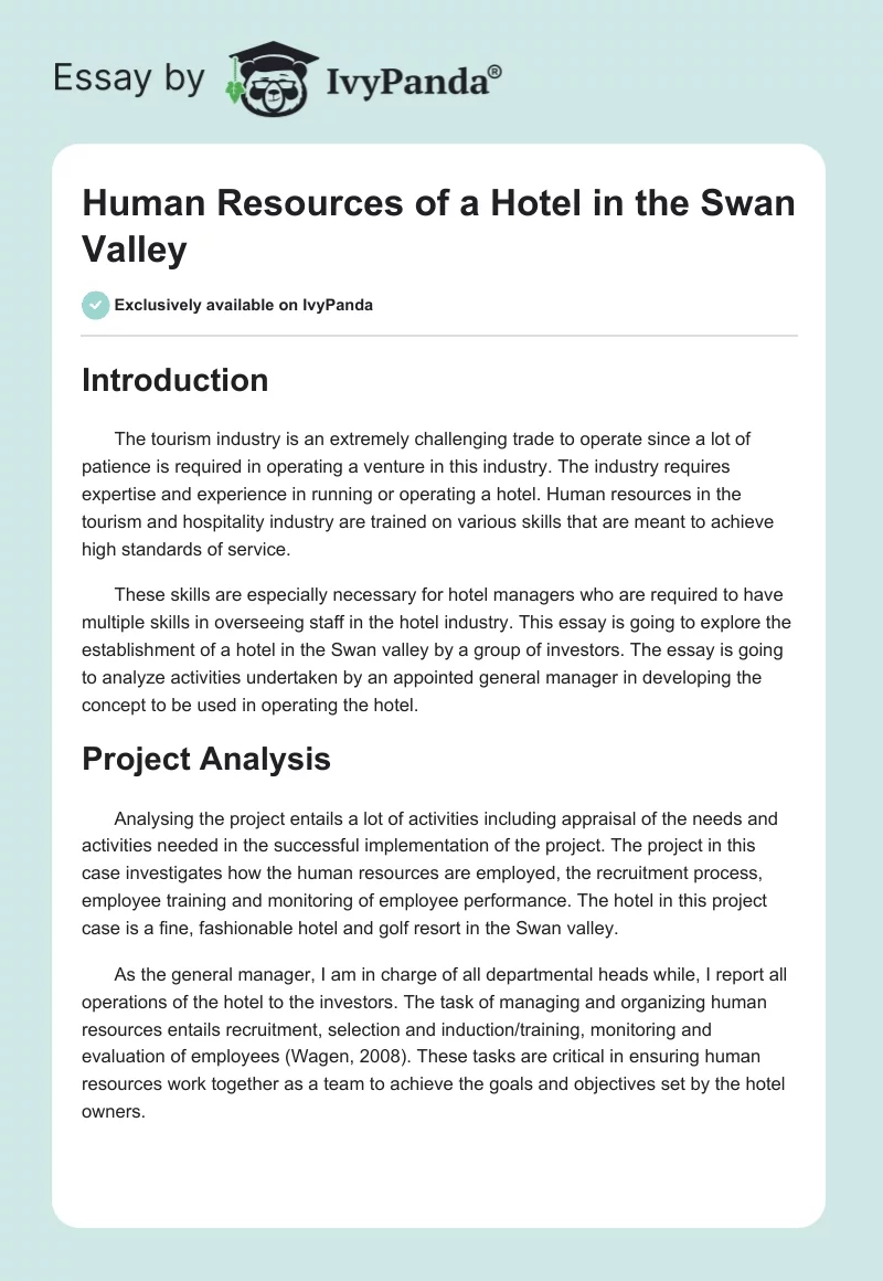 Human Resources of a Hotel in the Swan Valley. Page 1