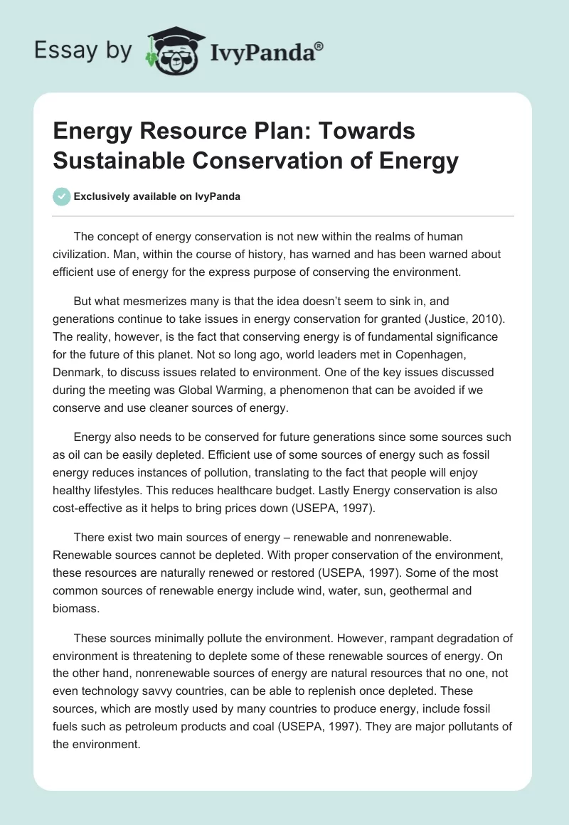 Energy Resource Plan: Towards Sustainable Conservation of Energy. Page 1