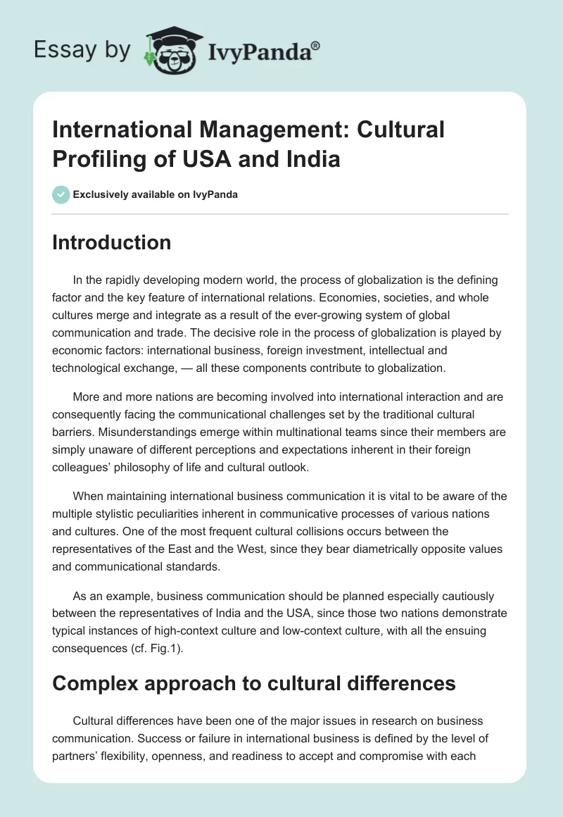 International Management: Cultural Profiling of USA and India. Page 1
