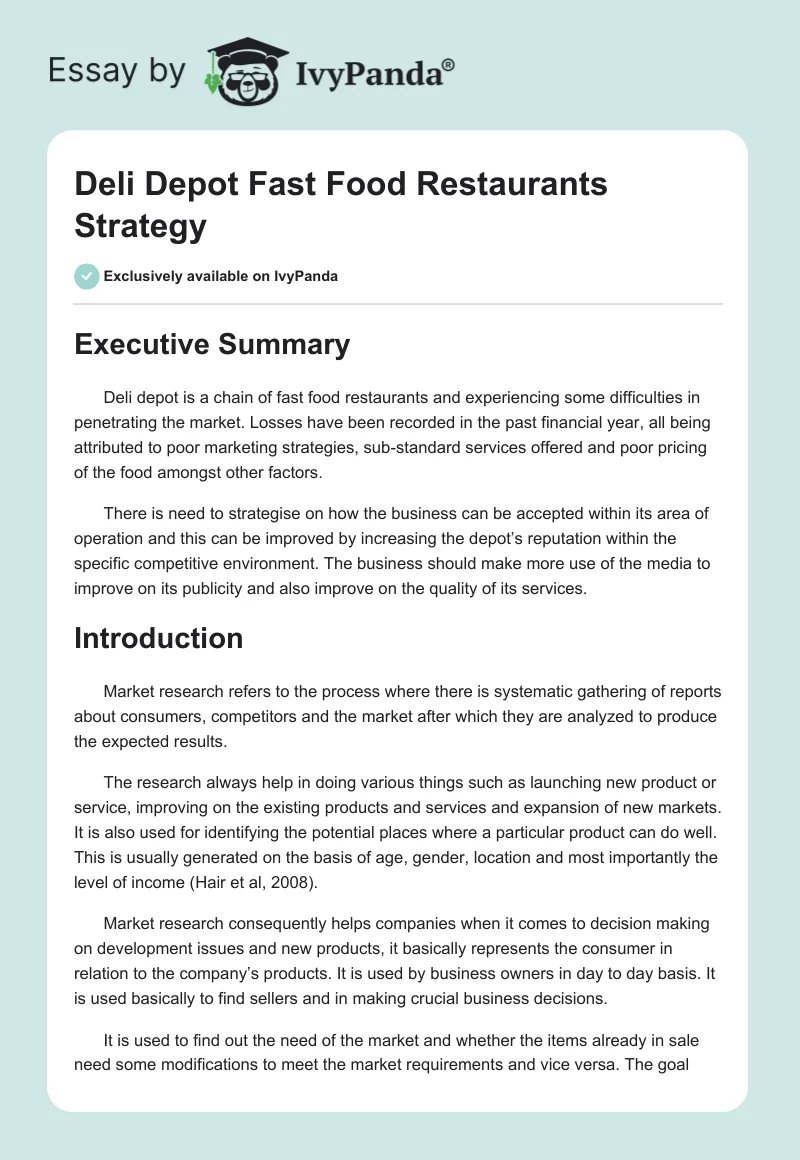 Deli Depot Fast Food Restaurants Strategy. Page 1