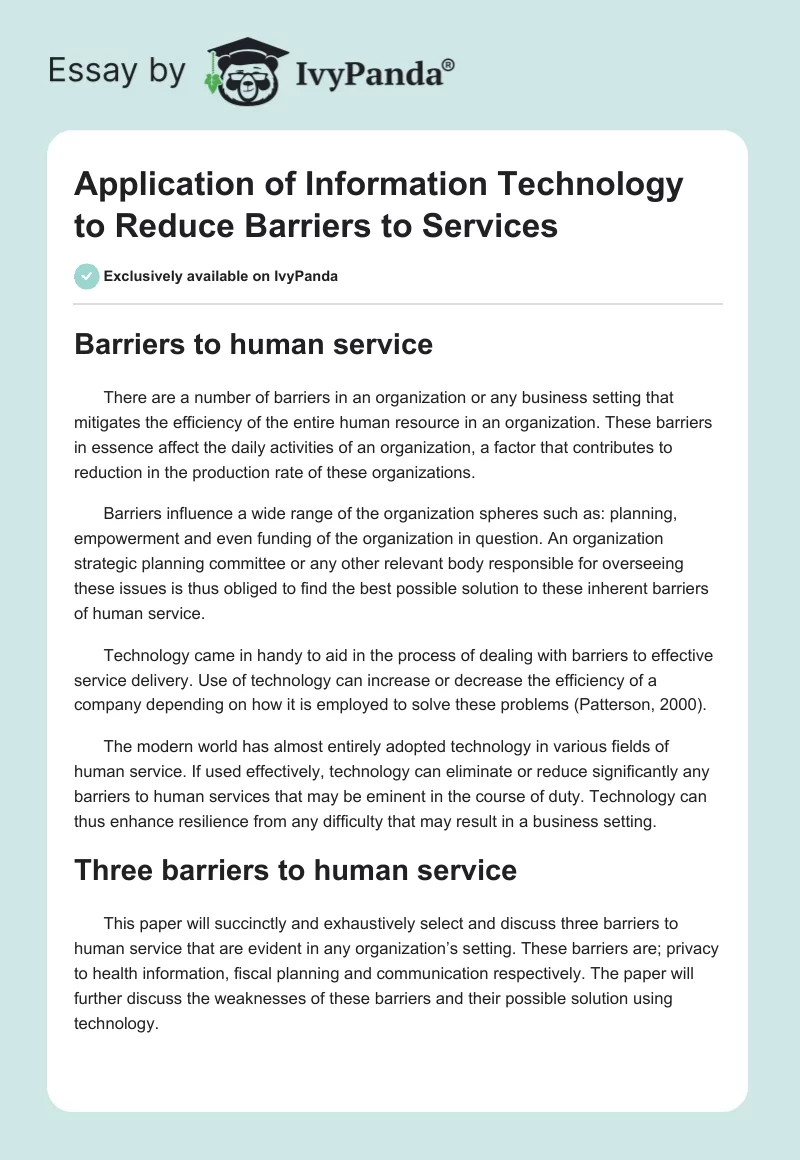 Application of Information Technology to Reduce Barriers to Services. Page 1