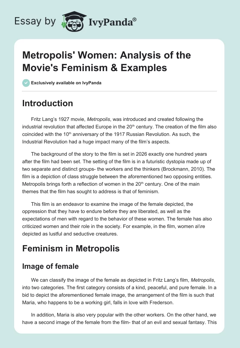 Metropolis' Women: Analysis of the Movie's Feminism & Examples. Page 1