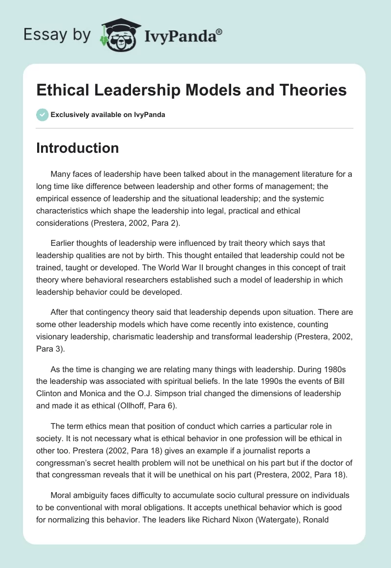 Ethical Leadership Models and Theories. Page 1