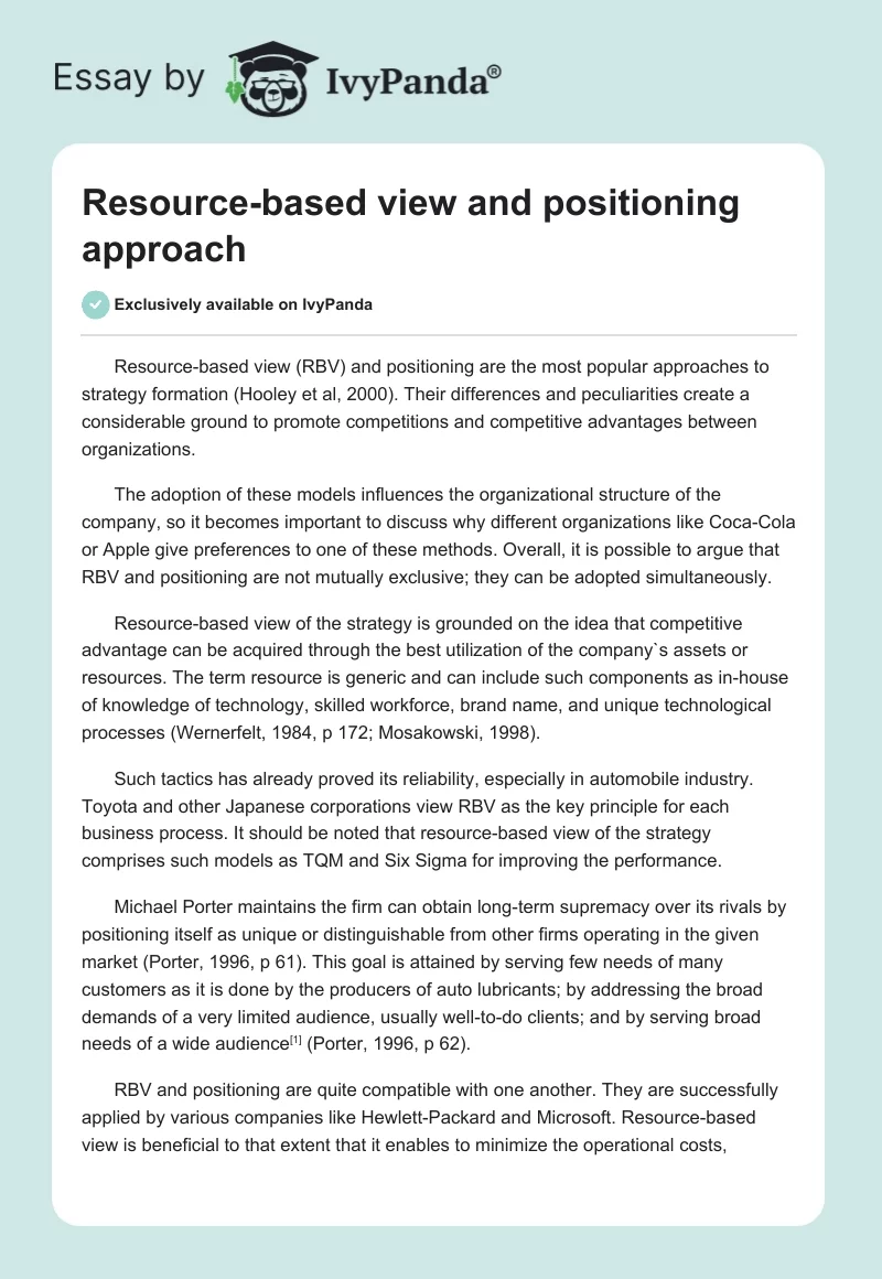 Resource-based view and positioning approach. Page 1