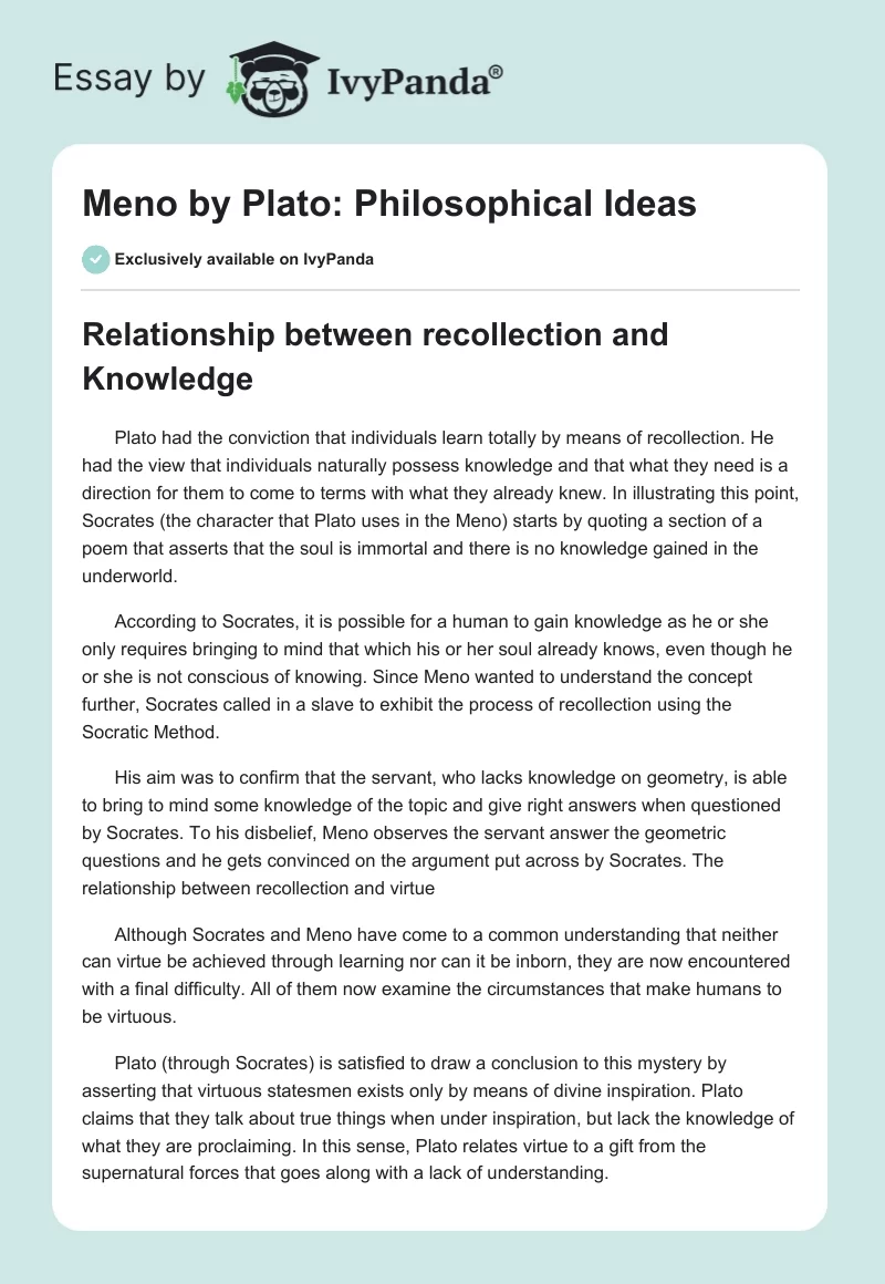 Meno by Plato: Philosophical Ideas. Page 1
