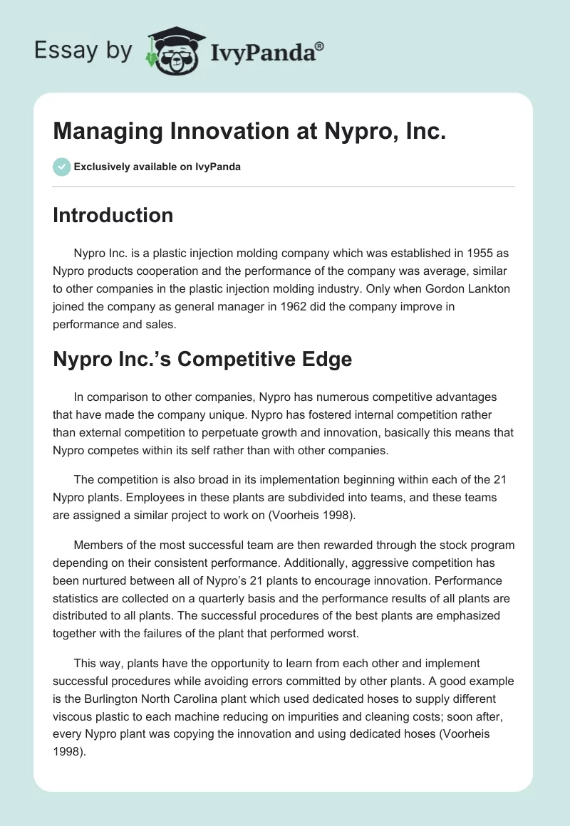 Managing Innovation at Nypro, Inc.. Page 1