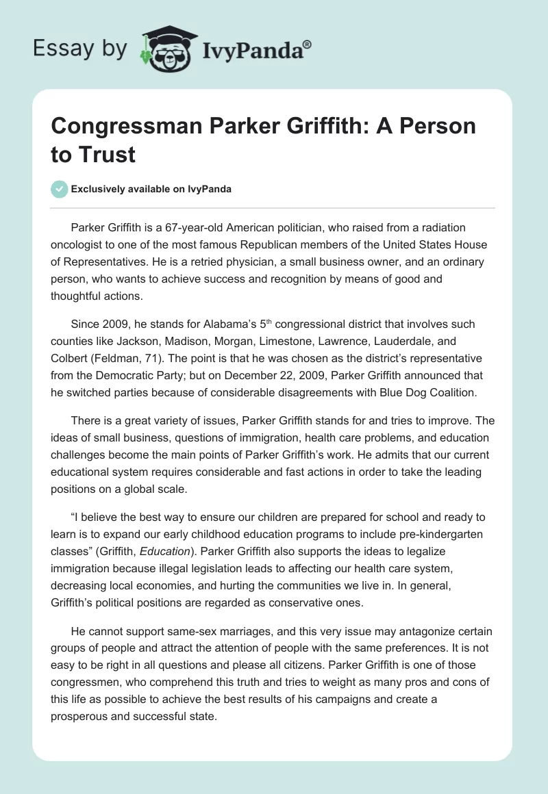 Congressman Parker Griffith: A Person to Trust. Page 1