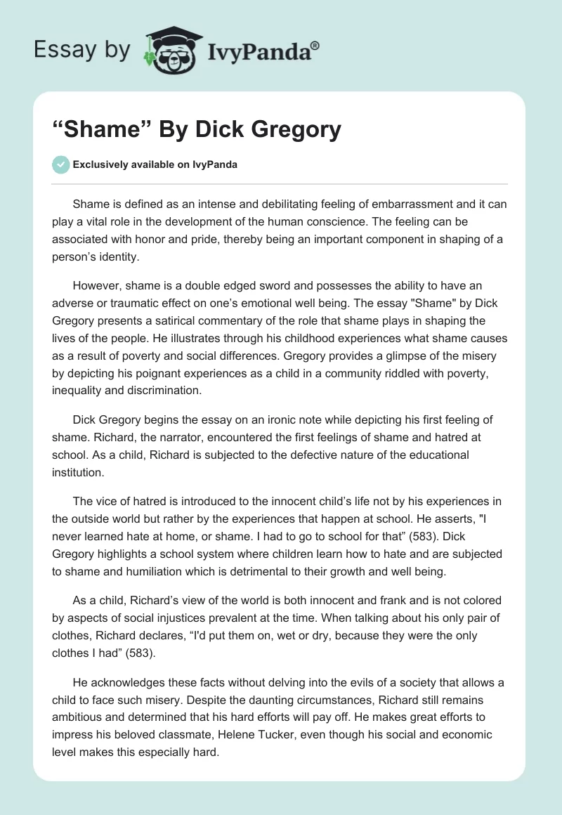 “Shame” By Dick Gregory: What Does Gregory Mean by Shame?. Page 1