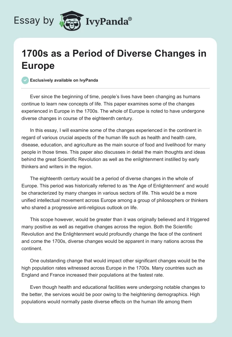 1700s as a Period of Diverse Changes in Europe. Page 1