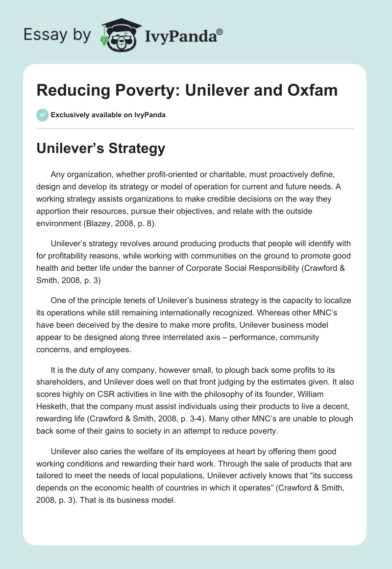 Reducing Poverty: Unilever and Oxfam. Page 1