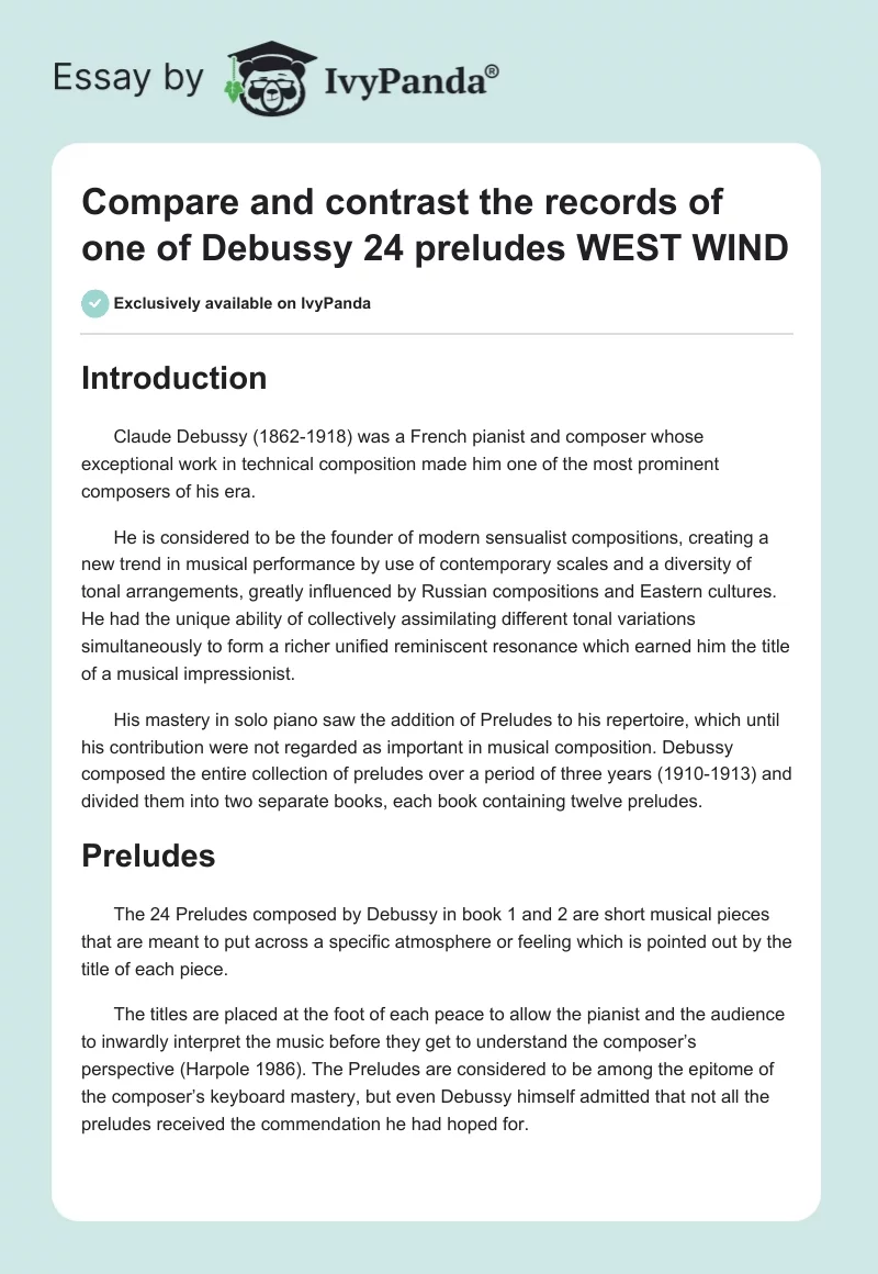 Compare and contrast the records of one of Debussy 24 preludes "WEST WIND". Page 1