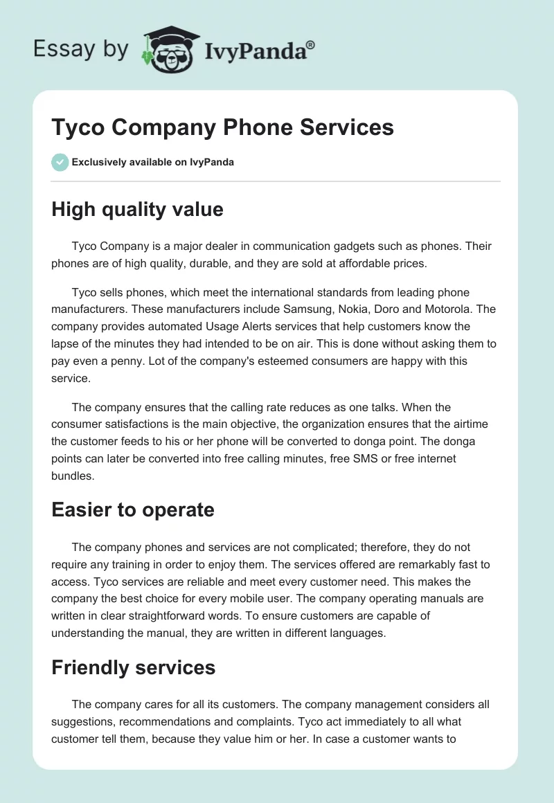 Tyco Company Phone Services. Page 1