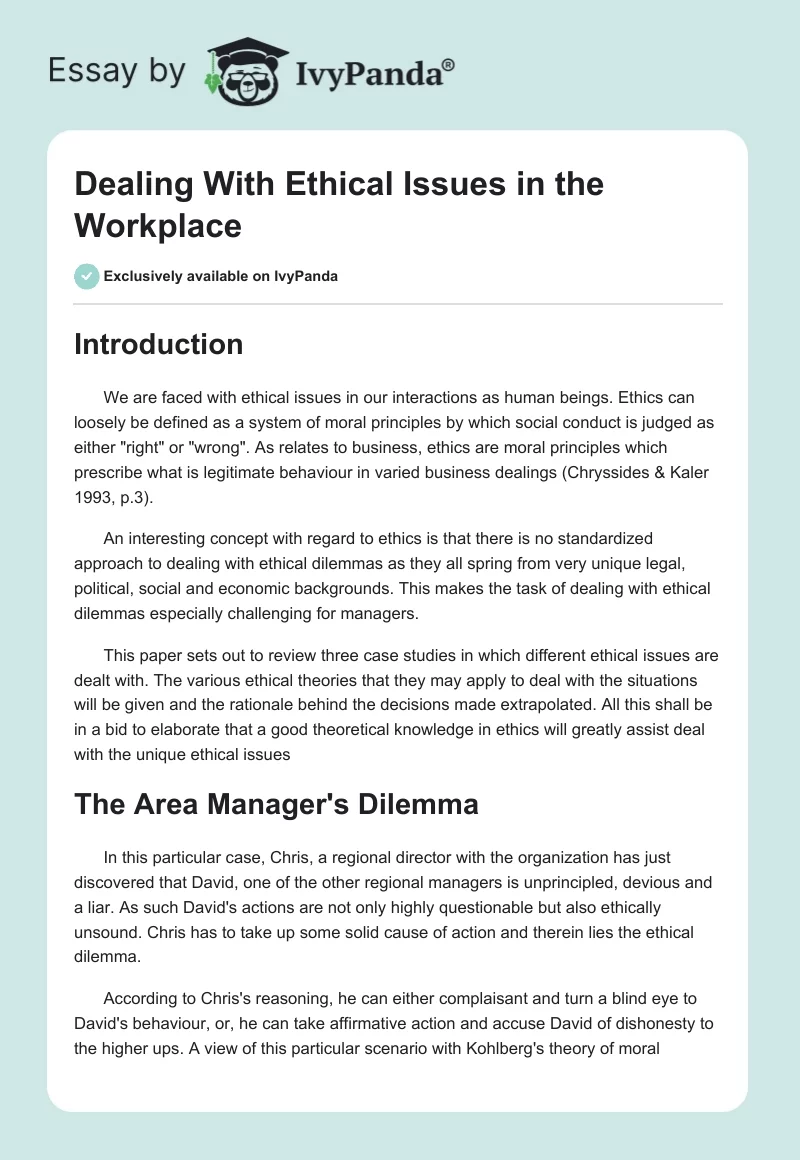 Dealing With Ethical Issues in the Workplace. Page 1