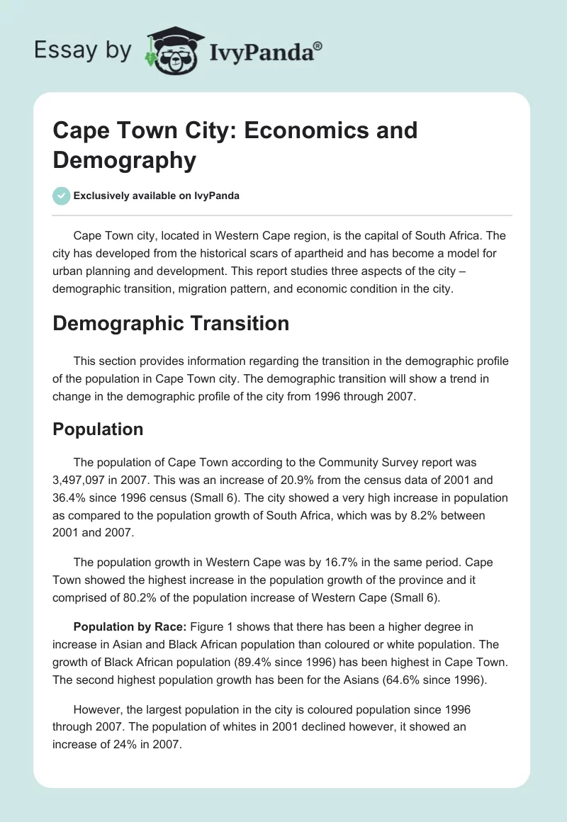 Cape Town City: Economics and Demography. Page 1