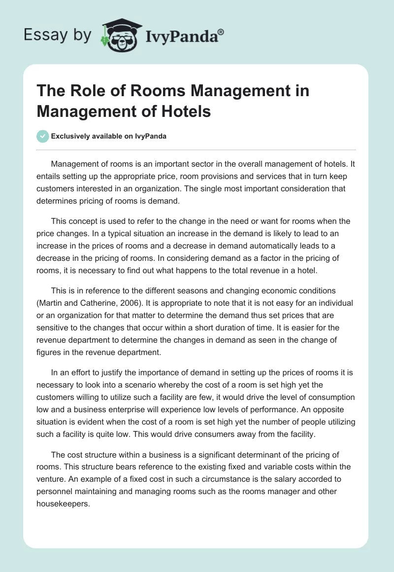 The Role of Rooms Management in Management of Hotels. Page 1