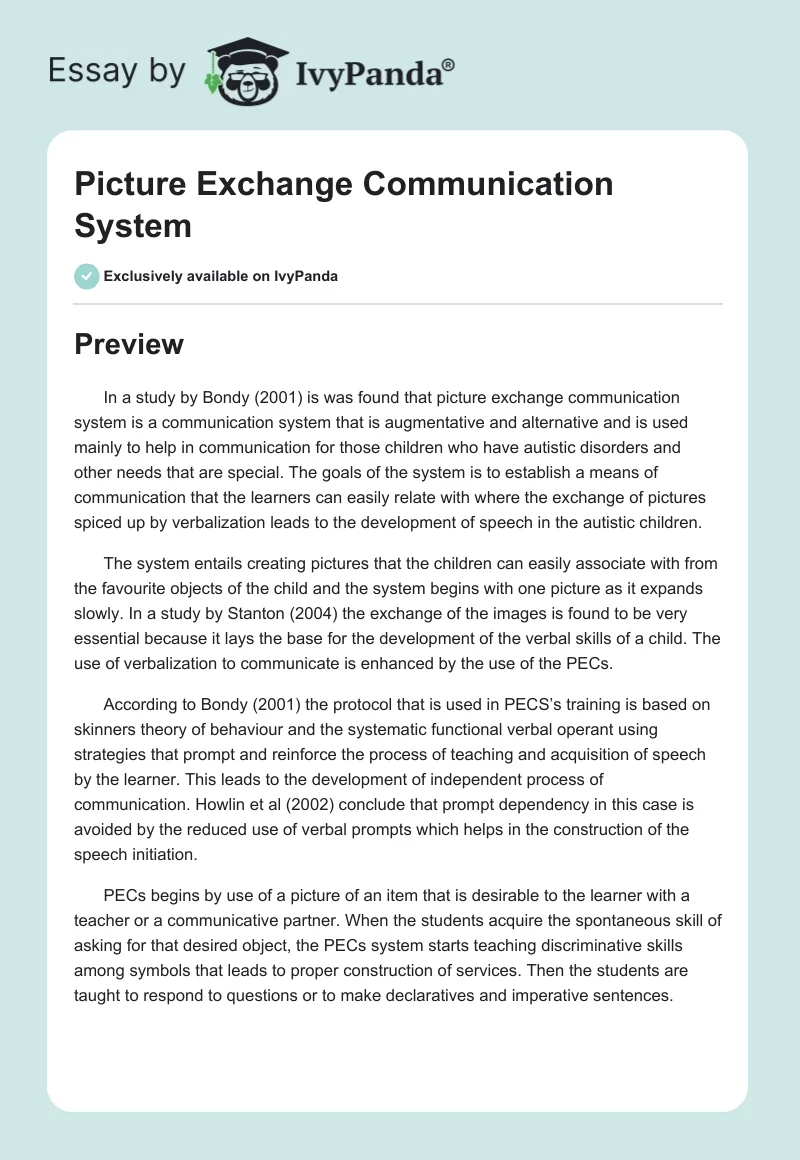 Picture Exchange Communication System. Page 1