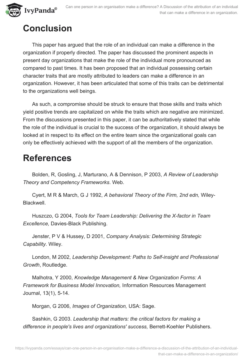 Can one person in an organisation make a difference? A Discussion of the attribution of an individual that can make a difference in an organization.. Page 5