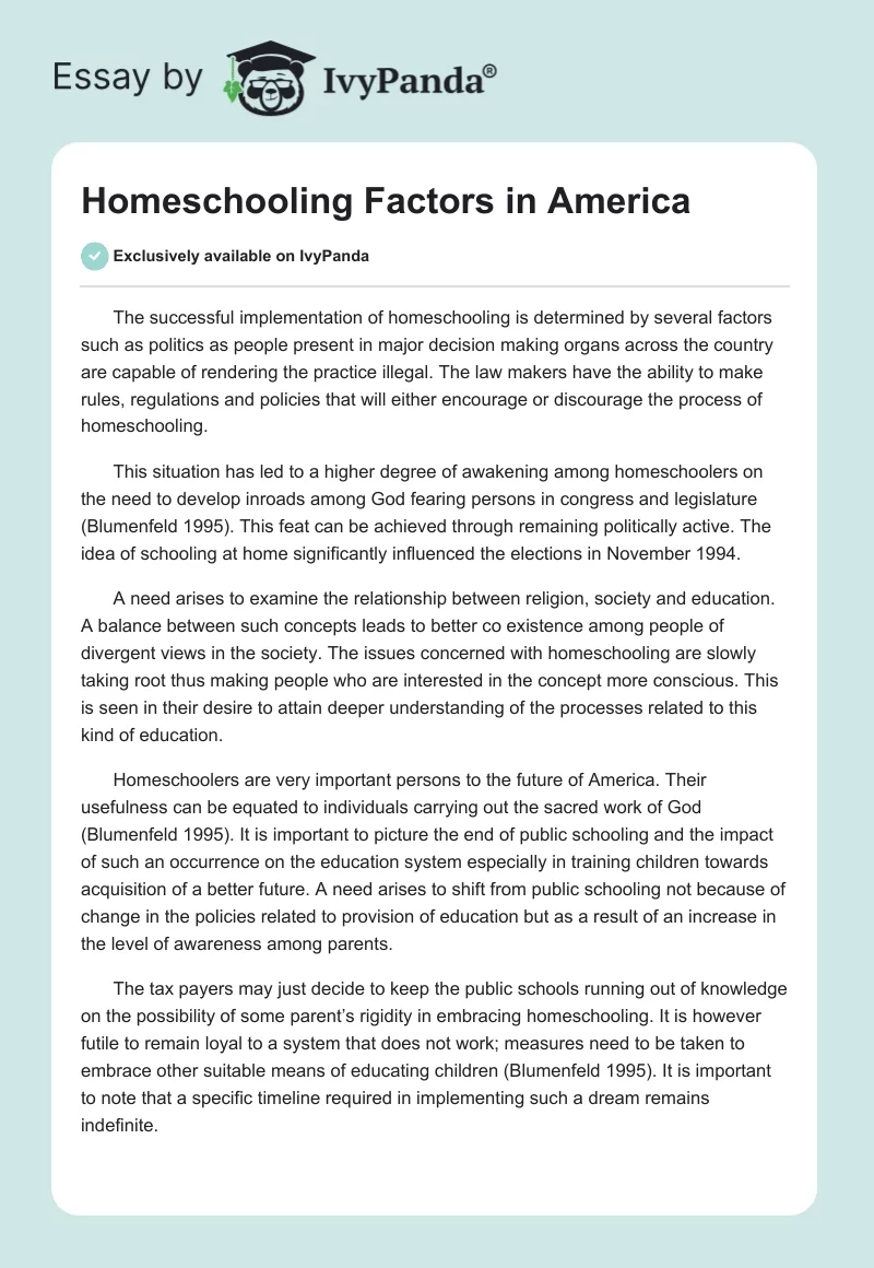 Homeschooling Factors in America. Page 1