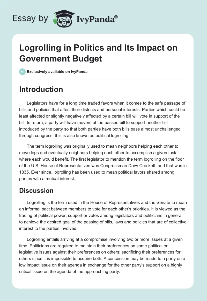 Logrolling in Politics and Its Impact on Government Budget. Page 1