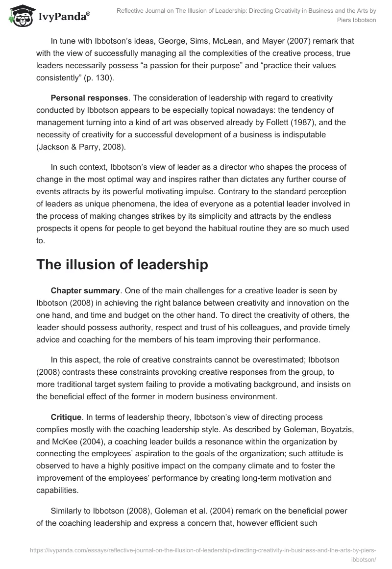 Reflective Journal on The Illusion of Leadership: Directing Creativity in Business and the Arts by Piers Ibbotson. Page 2