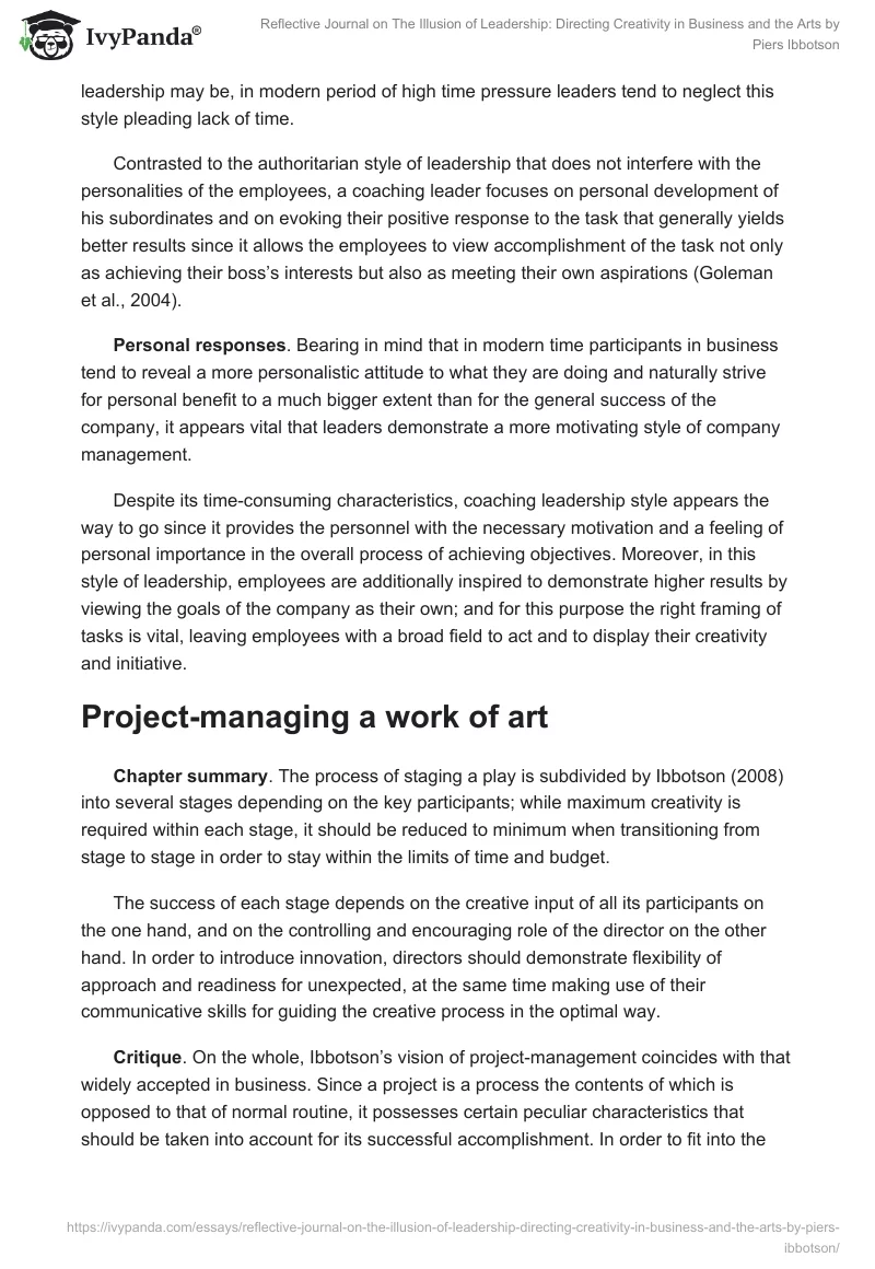 Reflective Journal on The Illusion of Leadership: Directing Creativity in Business and the Arts by Piers Ibbotson. Page 3