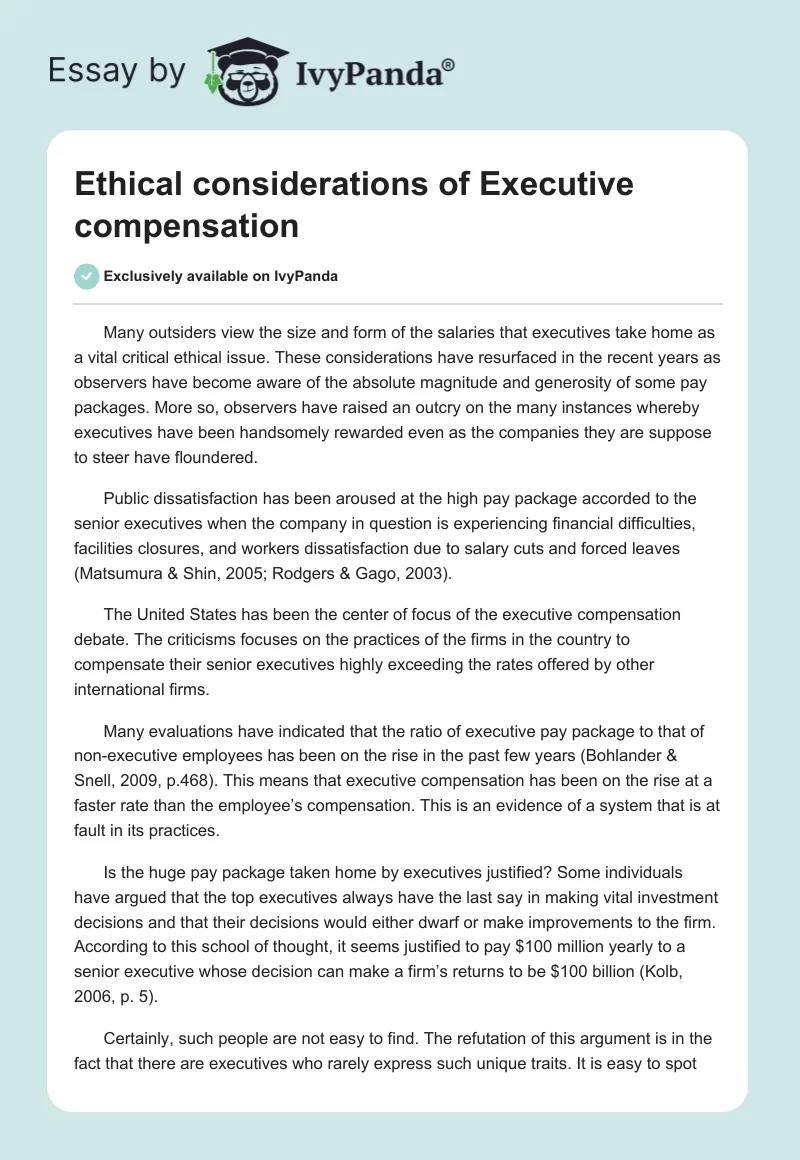 Ethical considerations of Executive compensation. Page 1