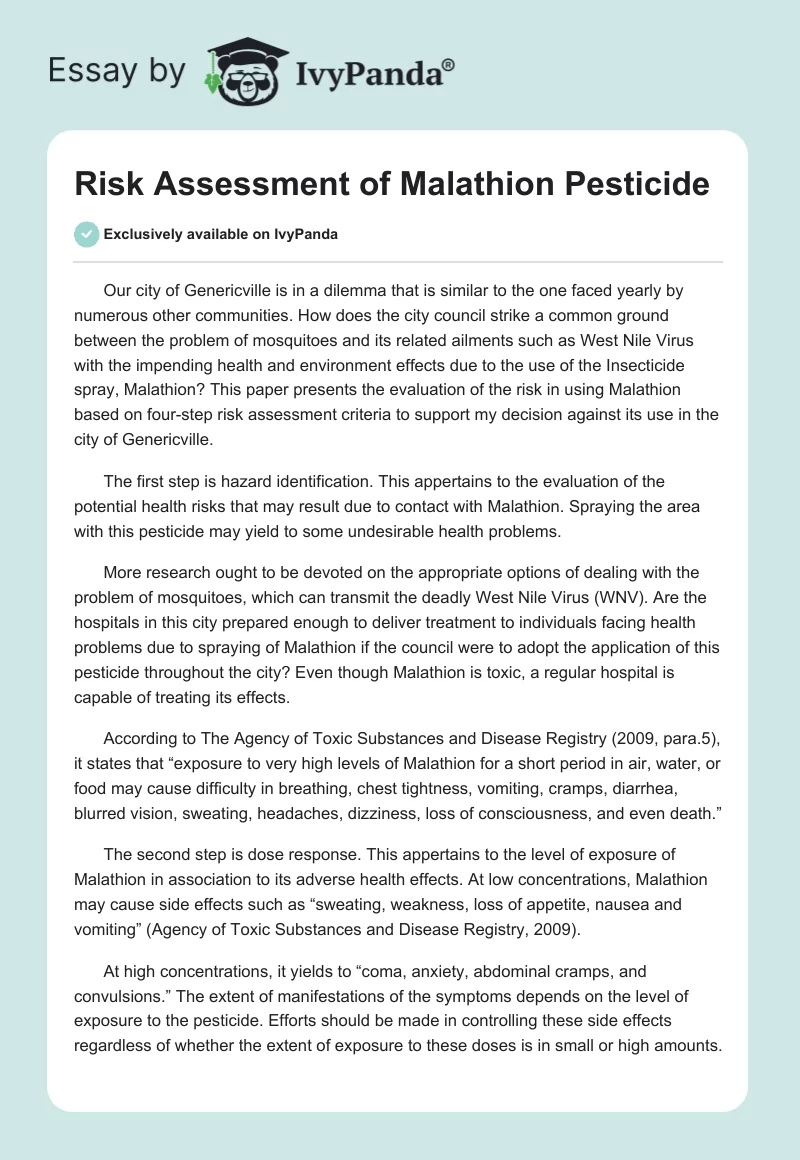 Risk Assessment of Malathion Pesticide. Page 1