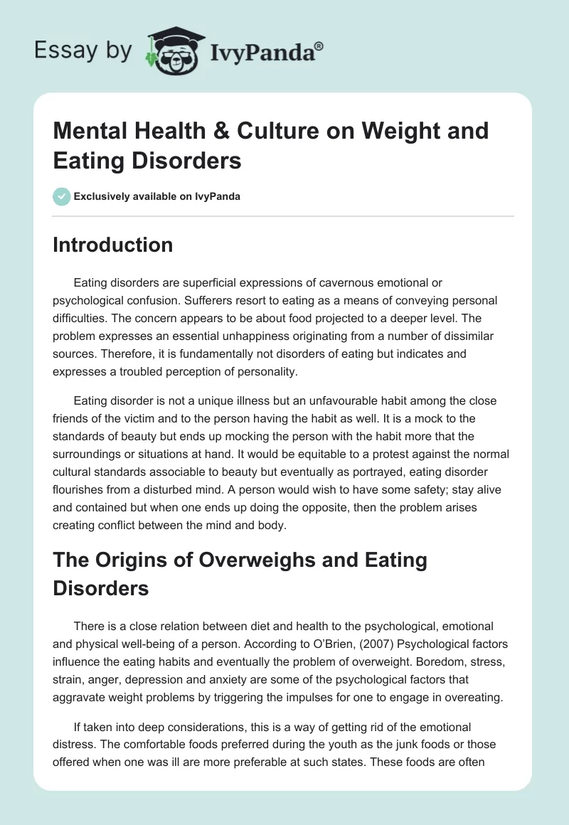 Mental Health & Culture on Weight and Eating Disorders. Page 1