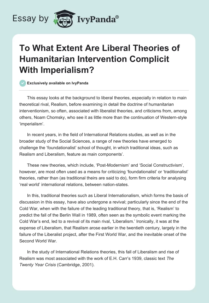 To What Extent Are Liberal Theories of Humanitarian Intervention Complicit With Imperialism?. Page 1