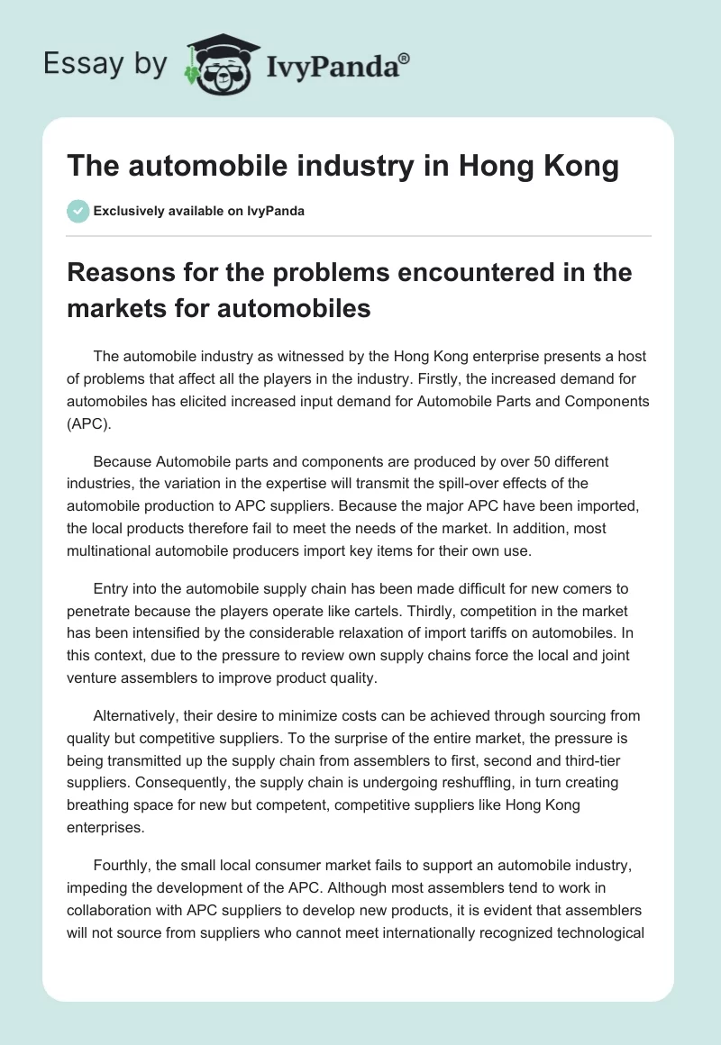 The Automobile Industry in Hong Kong. Page 1