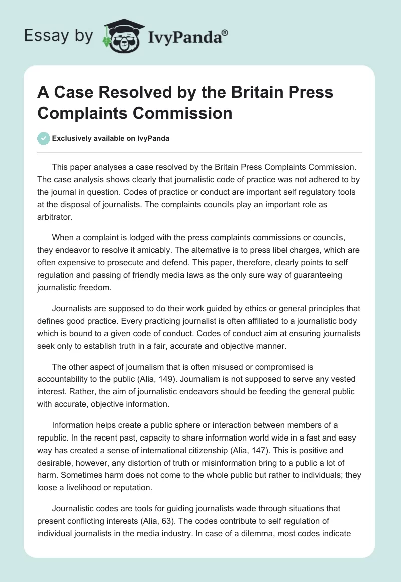 A Case Resolved by the Britain Press Complaints Commission. Page 1