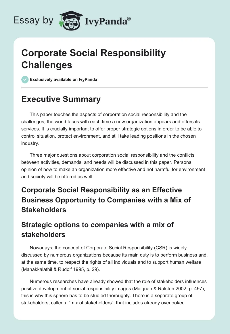 Corporate Social Responsibility Challenges. Page 1