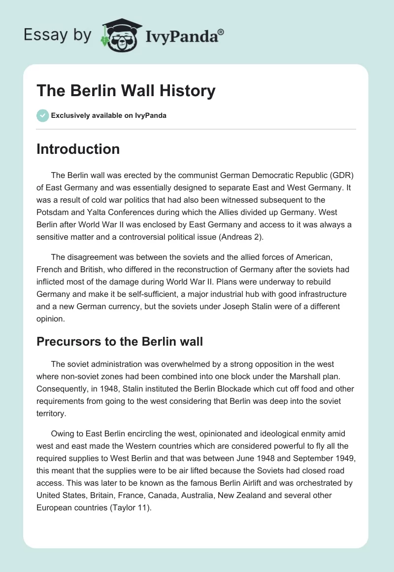The Berlin Wall History. Page 1