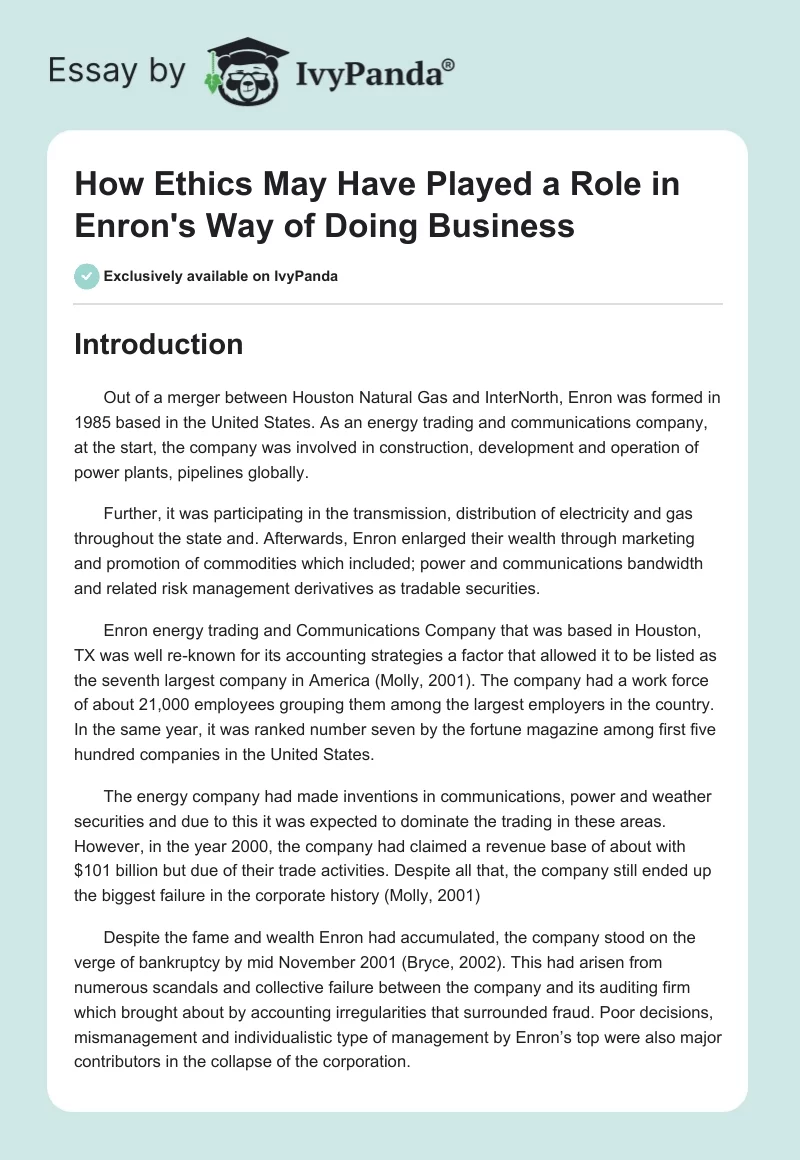 How Ethics May Have Played a Role in Enron's Way of Doing Business. Page 1