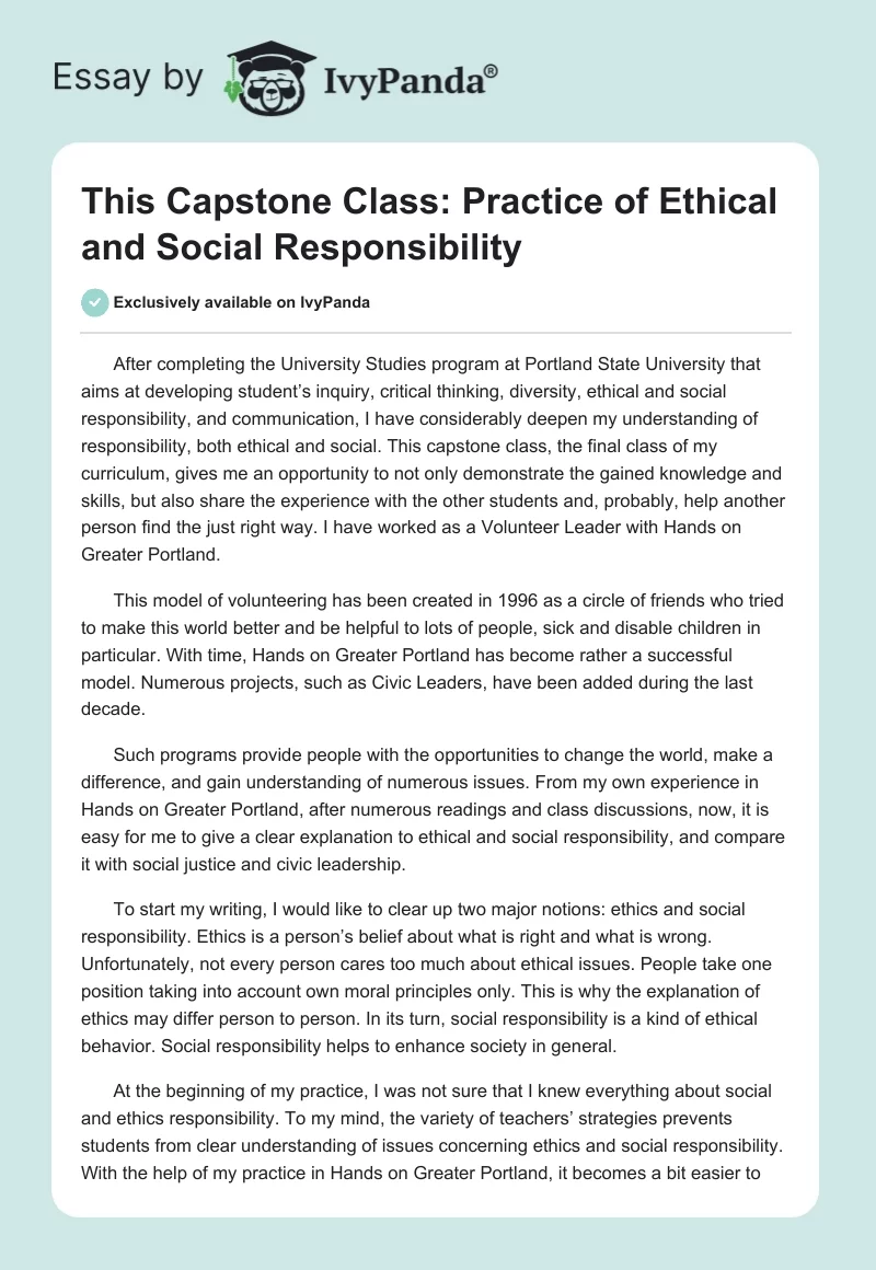 This Capstone Class: Practice of Ethical and Social Responsibility. Page 1