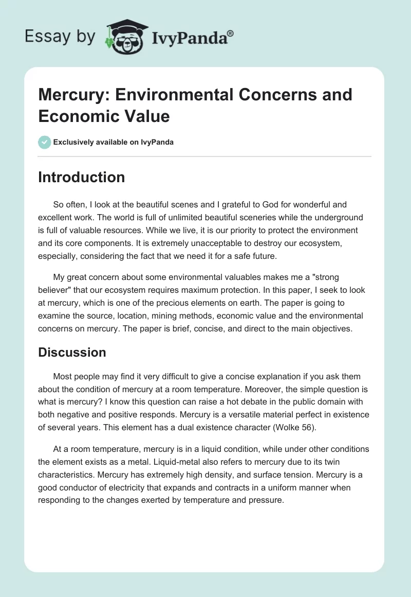 Mercury: Environmental Concerns and Economic Value. Page 1