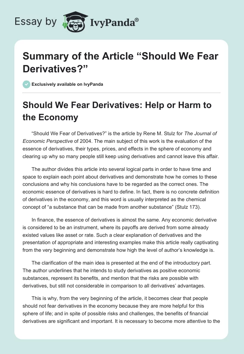 Summary of the Article “Should We Fear Derivatives?”. Page 1