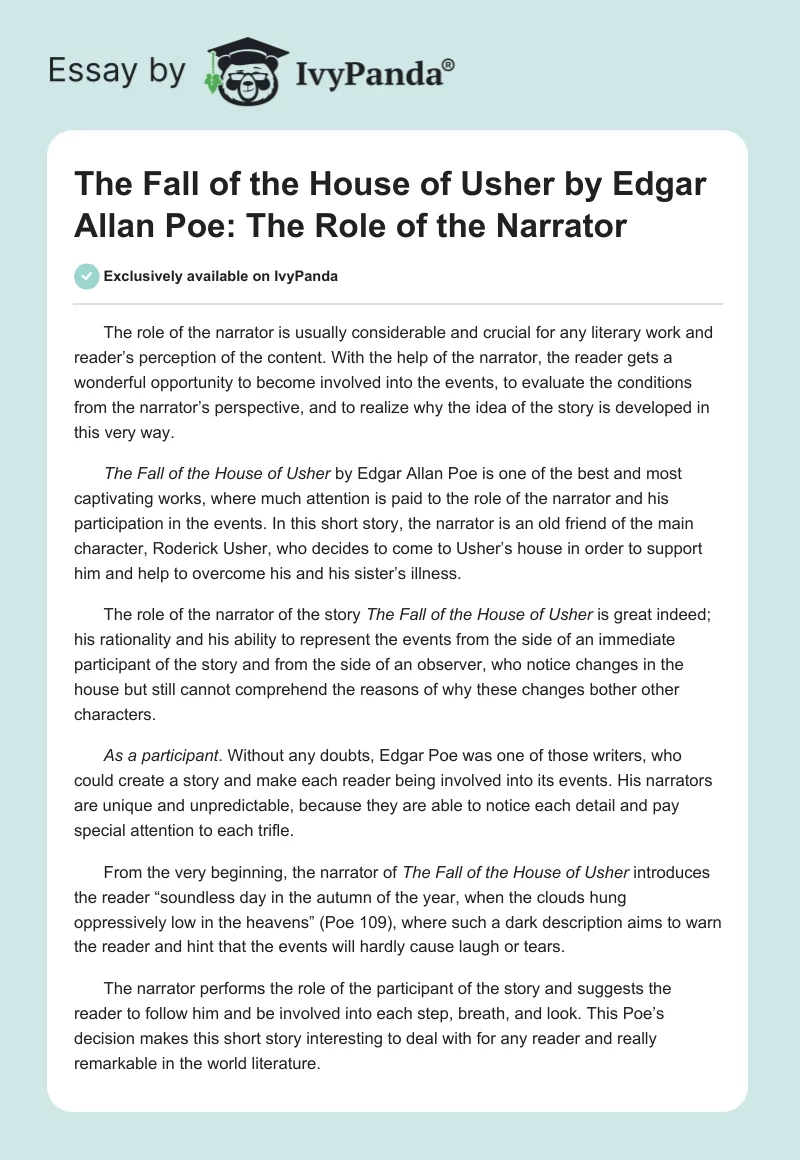 The Fall of the House of Usher by Edgar Allan Poe: The Role of the Narrator. Page 1