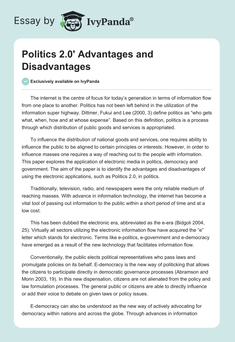 Politics 2.0' Advantages and Disadvantages. Page 1