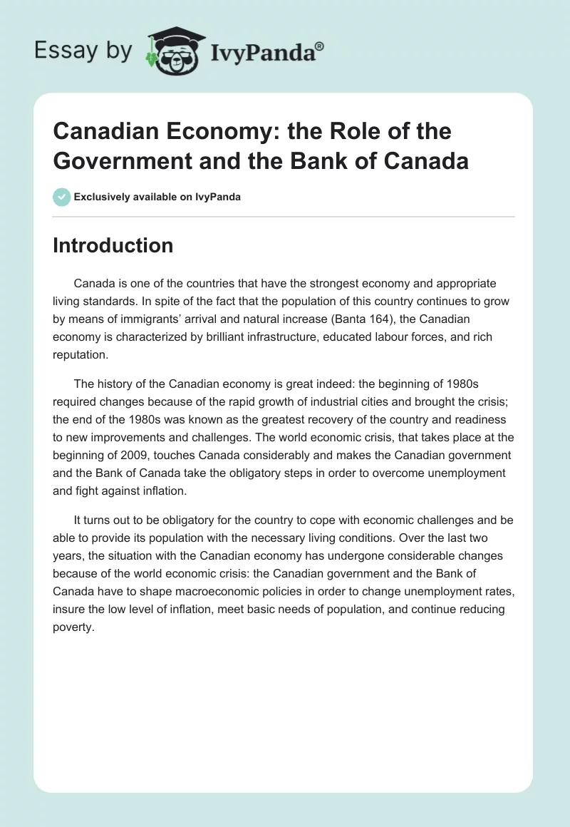 Canadian Economy: the Role of the Government and the Bank of Canada. Page 1
