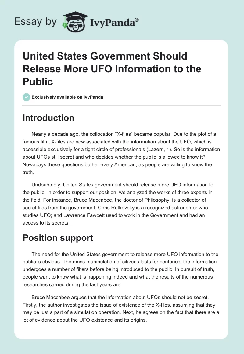 United States Government Should Release More UFO Information to the Public. Page 1
