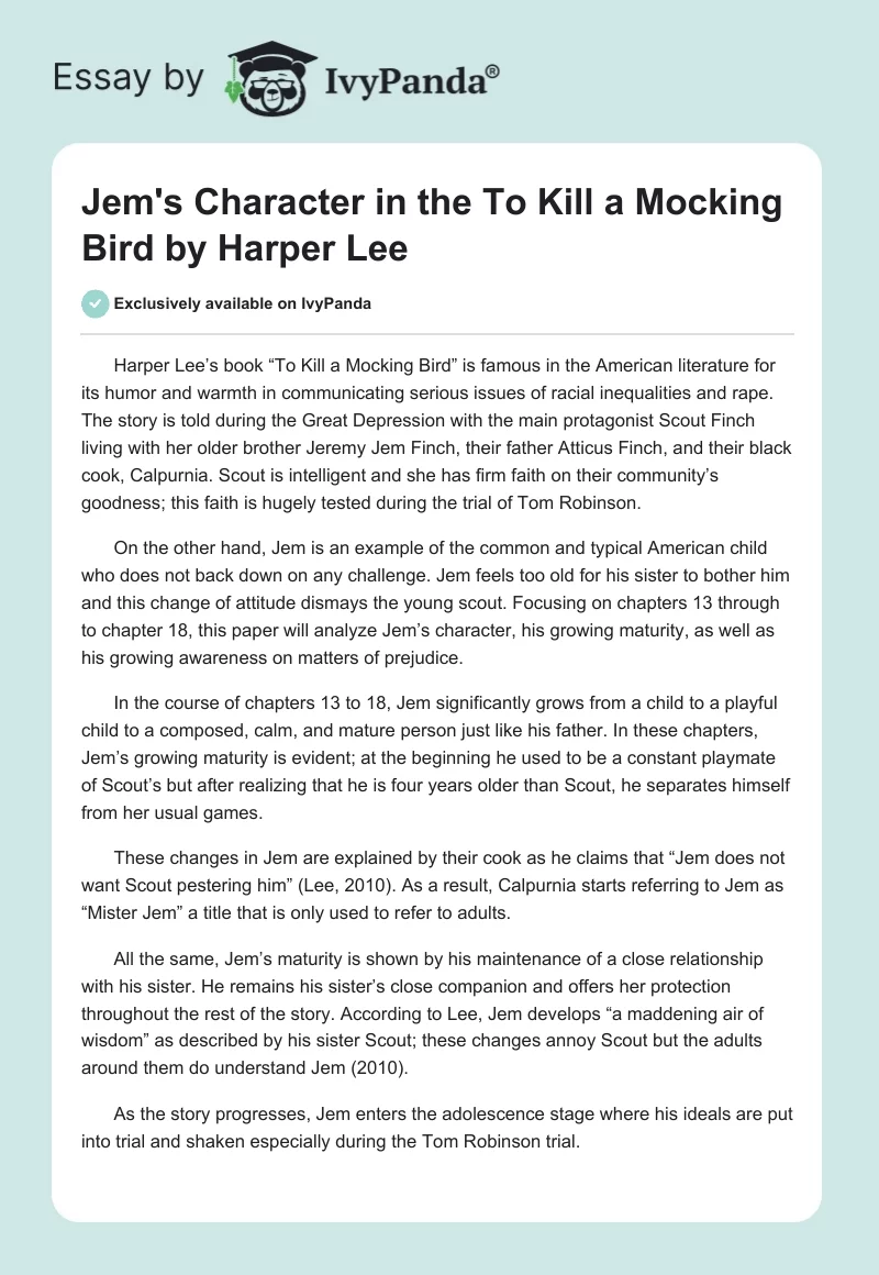 Jem's Character in the "To Kill a Mocking Bird" by Harper Lee. Page 1