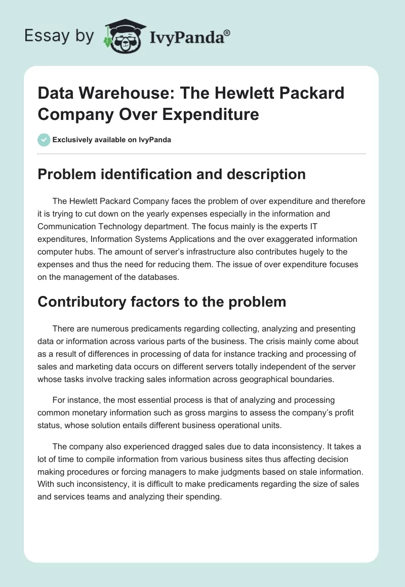 Data Warehouse: The Hewlett Packard Company Over Expenditure. Page 1
