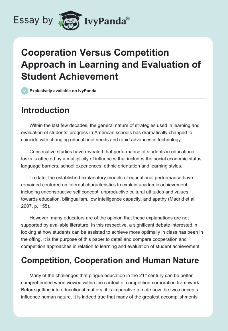 Cooperation Versus Competition Approach in Learning and Evaluation of Student Achievement. Page 1