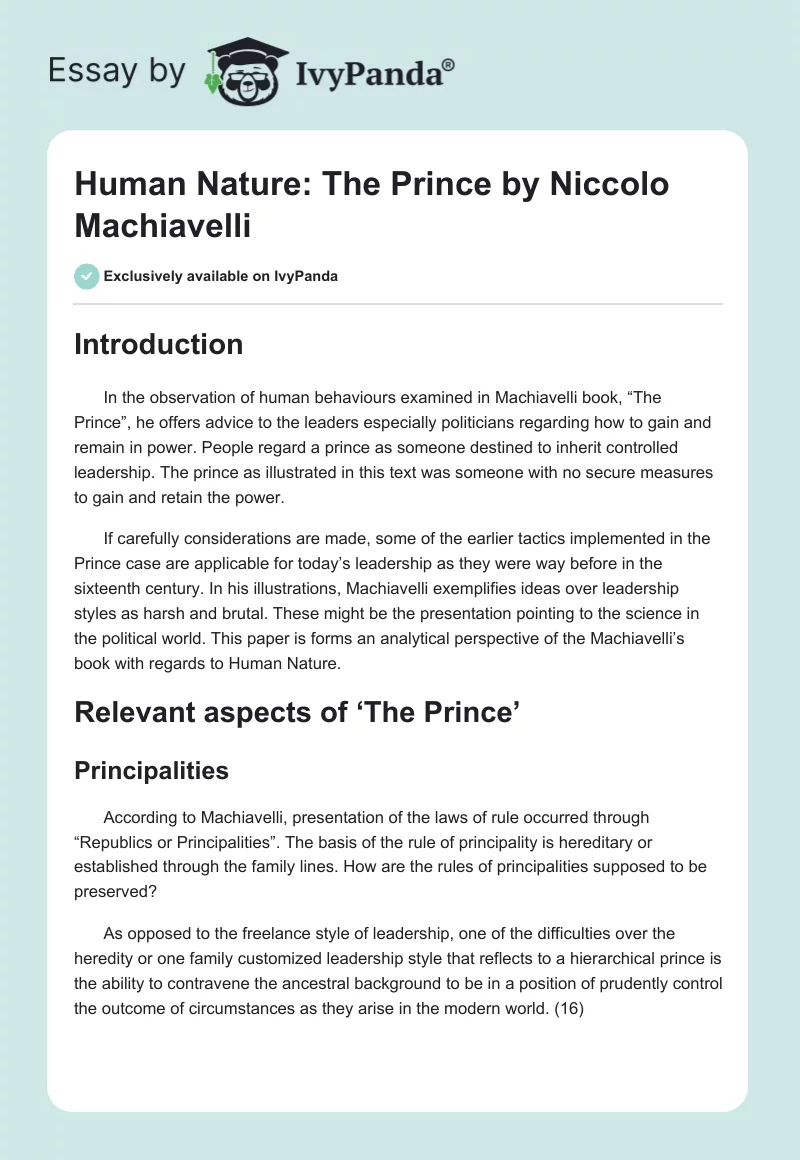 Human Nature: "The Prince" by Niccolo Machiavelli. Page 1